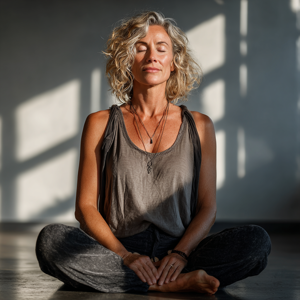 Professional yoga instructor in her late 40s demonstrating a peaceful seated meditation pose, wearing comfortable yoga attire, in a bright modern studio with natural lighting, embodying wisdom and serenity that comes with years of practice